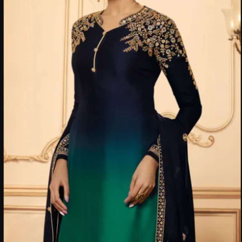Georgette Mehendi Sangeet Salwar Kameez in Blue with Resham work